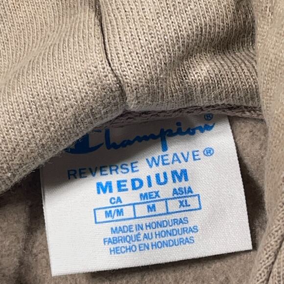 Champion‎ Hoodie Men Medium Beige Reverse Weave Pullover Sweatshirt Logo + Spots - Picture 6 of 9